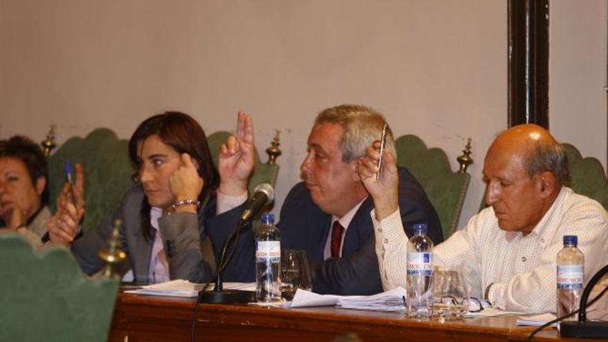 Los concejales socialistas Ana Sánchez, Carlos Hernández y Luis Vicente Pastor, en plena votación