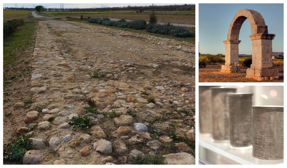 La imagen de la izquierda corresponde a la Via Augusta a su paso por Benlloc. A la derecha podemos ver el popular Arco de Cabanes (d), así como los famosos vasos de Vicarello que se pueden contemplar hoy en el Museo Nacional Romano.