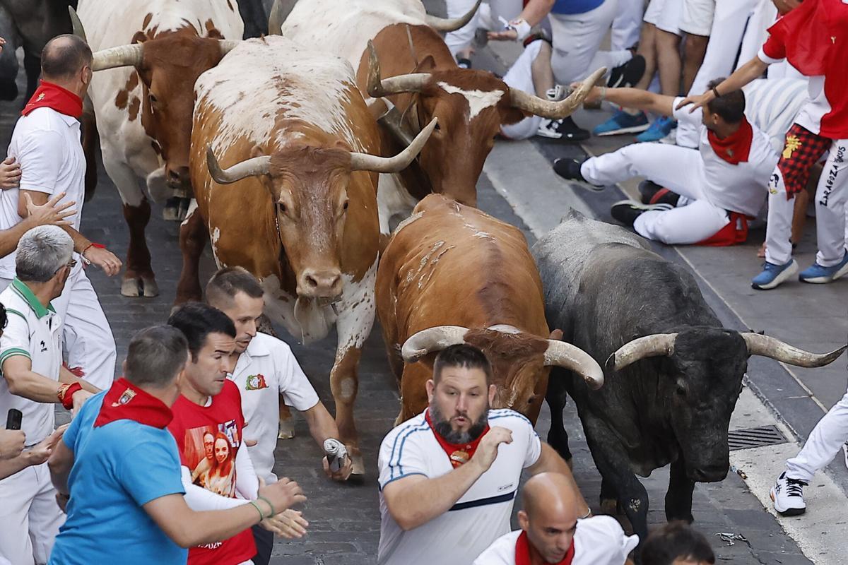 Los toros de José Escolar protagonizan un veloz y atropellado quinto encierro de los Sanfermines.