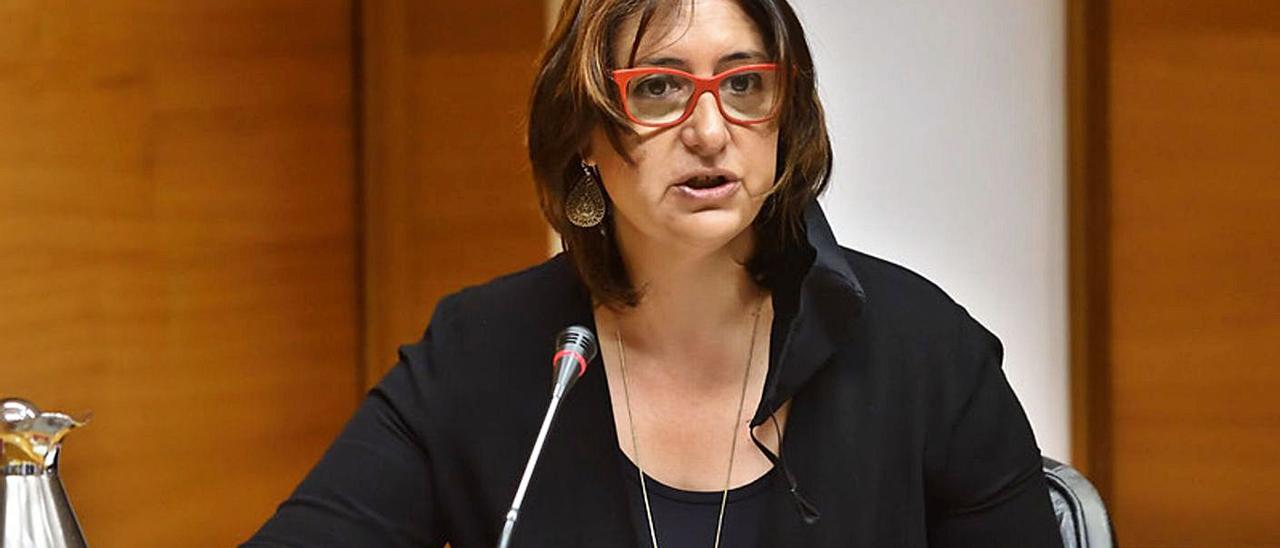 La consellera de Participación y Transparencia, Rosa Pérez, en una comparecencia en Corts. | LEVANTE-EMV