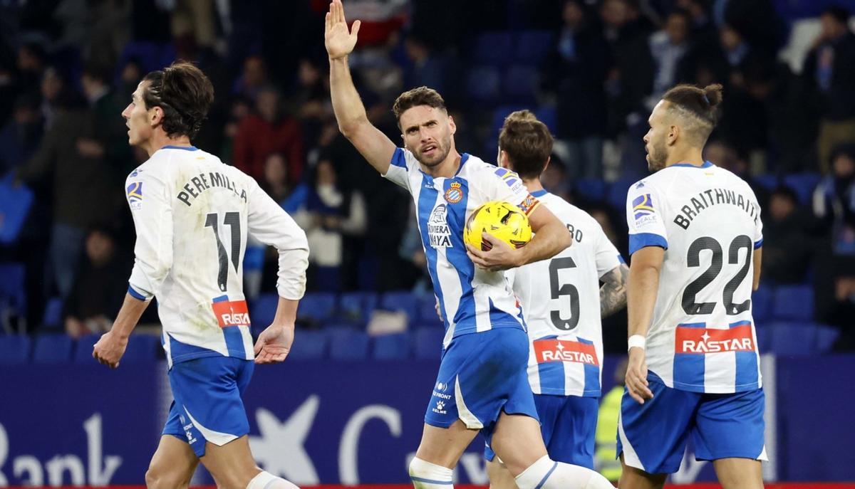 Pere Milla, Sergi Gómez, Calero y Braithwaite, en el último partido contra el Burgos.