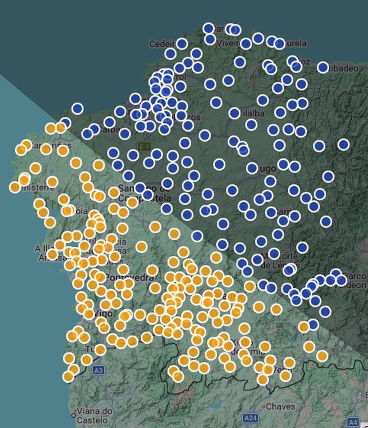 Zonas de ecplise total (en color azul) y parcial, en amarillo.  | TURISMO DE GALICIA