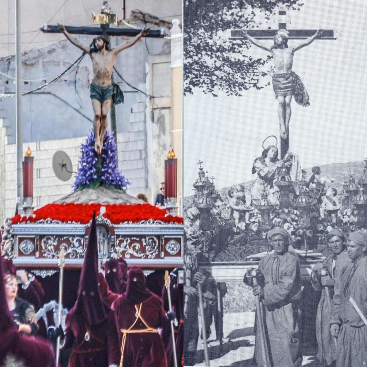El Cristo de la Agonía, en la procesión del Miércoles Santo del año pasado, y a la derecha en una imagen, con la Magdalena, antes de la Guerra Civil