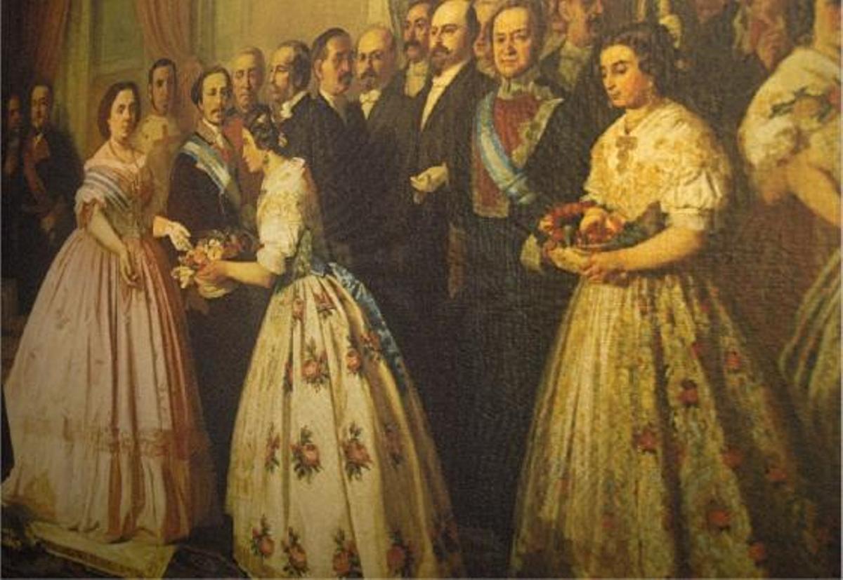 La alcaldesa de Valencia, Rita Barberá, lleva cuatro años instando a falleras e indumentaristas a rebajar el vuelo de sus faldas con bastante poco éxito. En 2008, Barberá puso el cuadro del "Besamanos de Isabel II" que hay en el palacio de Cervelló como ejemplo de lo que ella consideraba la "falda ideal". La imagen refleja un traje tradicional valenciano. Sin embargo, sus recomendaciones han caído en saco roto y los vuelos de las faldas, en lugar de ir a menos, van a más. Foto: D. G. S