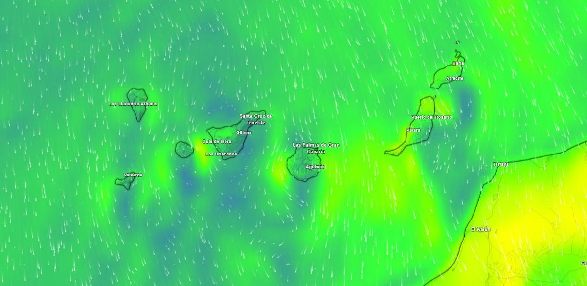 Mapa meteorológico sobre las rachas de viento en Canarias este martes