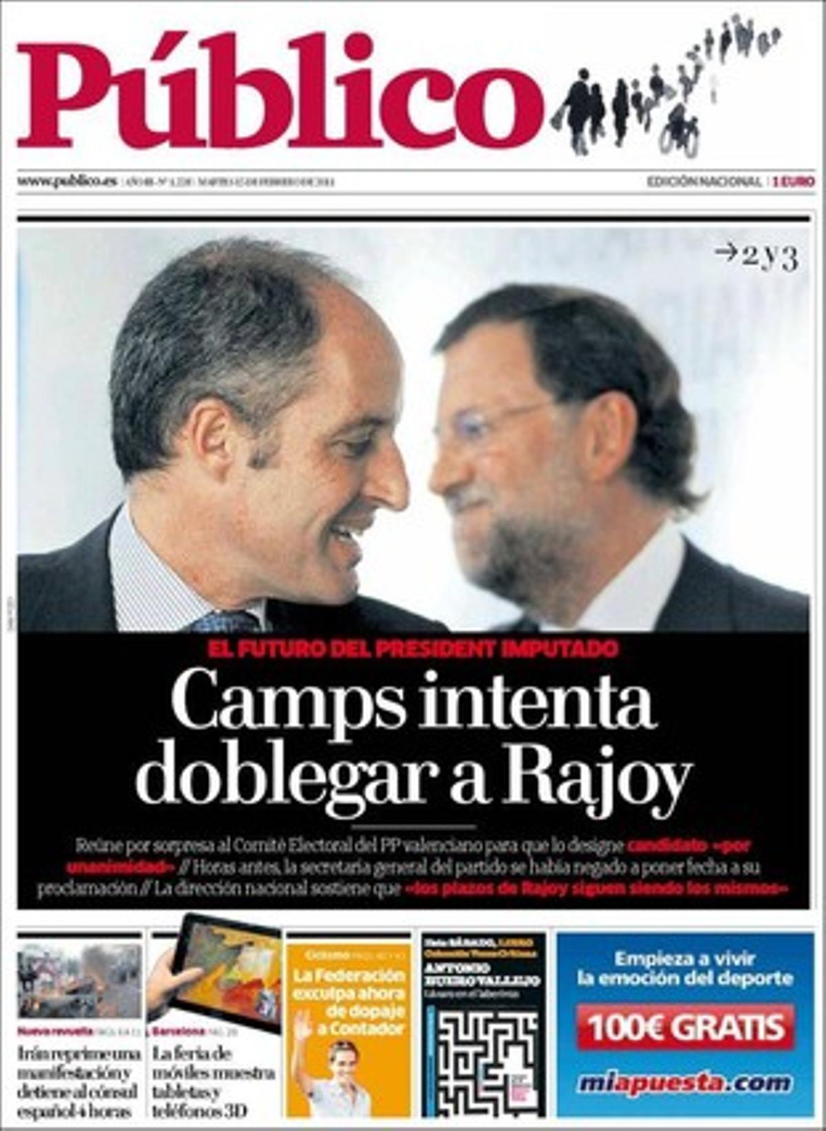 ’Público’ dóna rellevància, a més, al fet que l’exclusió d’imputats a les llistes electorals crea polèmica al PSOE; que el Polisario i el PSOE tensen les seves relacions; que els policies van deixar de gravar en el moment de la xivatada a ETA al bar Faisán el 2006; que les univerisitats encariran les taxes als repetidors, i que la Xunta retalla els drets de la dona amb la seva llei de família.