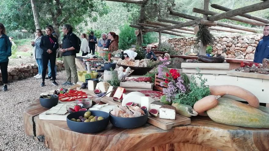 Un grupo de  clientes degustan productos ibicencos tras la excursión al huerto de Na Xamena.