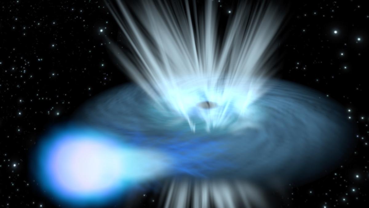 Representación gráfica de una binaria de rayos-X acretando a ritmos cercanos o superiores al límite de Eddington, lo que genera una gran cantidad de luz que es capaz de arrastrar materia (gas) muy caliente hacia el medio interestelar