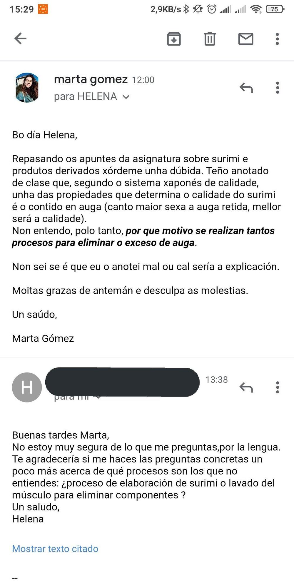 Correo electrónico enviado por Marta Gómez a su profesora de la Universidade de Vigo y la respuesta recibida