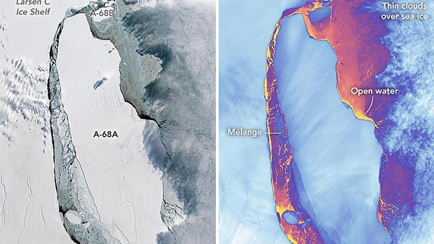 El iceberg A-68 el 30 de julio de 2017 y el 1 de julio de 2018.