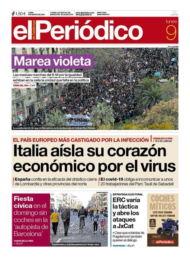  Portada de EL PERIÓDICO del 9 de marzo del 2020.