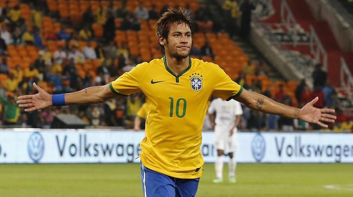 Neymar celebra un dels tres gols que ha marcat davant Sud-àfrica. Neymar celebra un dels tres gols que ha marcat davant Sud-àfrica.