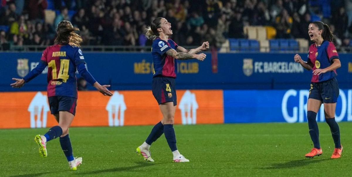 27 de marzo de 2025, gol de Mapi León de falta en el partido de vuelta de los cuartos de final de la UEFA Women's Champions League entre el FC Barcelona Femení y el VfL Wolfsburg Women, finalizado con un 6-1 favorable al FC Barcelona 27 de marzo de 2025, gol de Mapi León de falta en el partido de vuelta de los cuartos de final de la UEFA Women's Champions League entre el FC Barcelona Femení y el VfL Wolfsburg Women, finalizado con un 6-1 favorable al FC Barcelona
