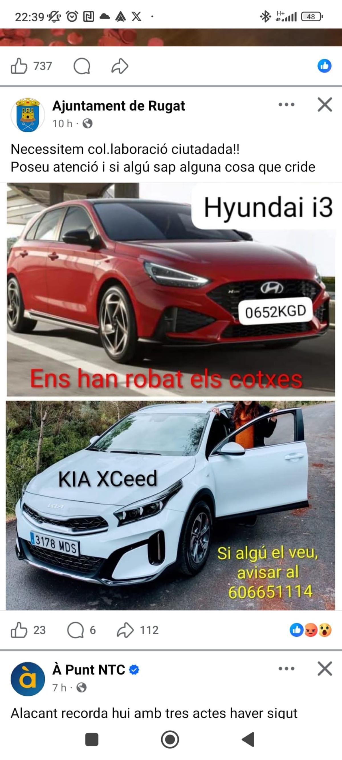 Anuncio del Ayuntamiento de Rugat sobre los coches robados.