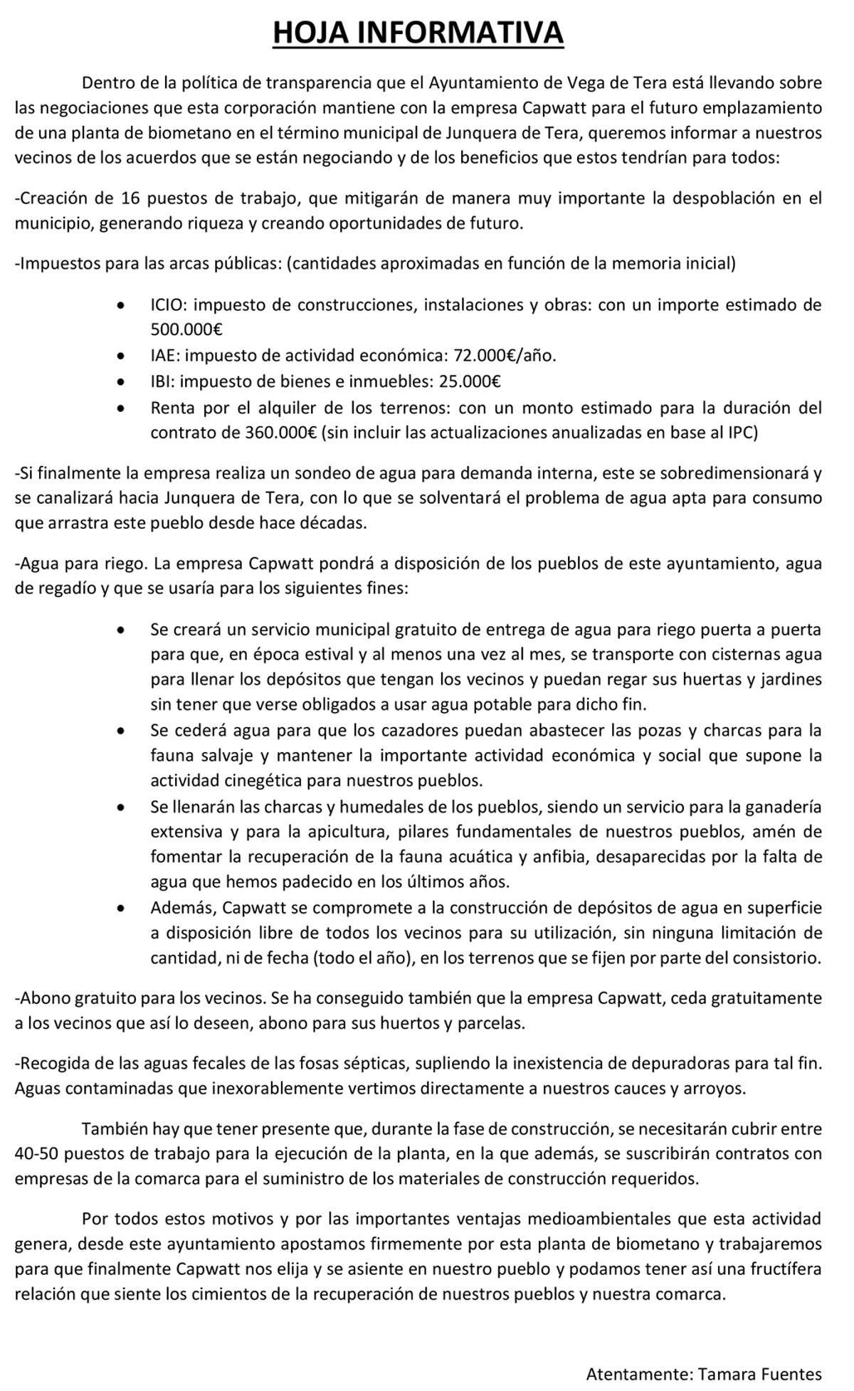 Nota informativa del Ayuntamiento de Vega de Tera firmado por la alcaldesa.