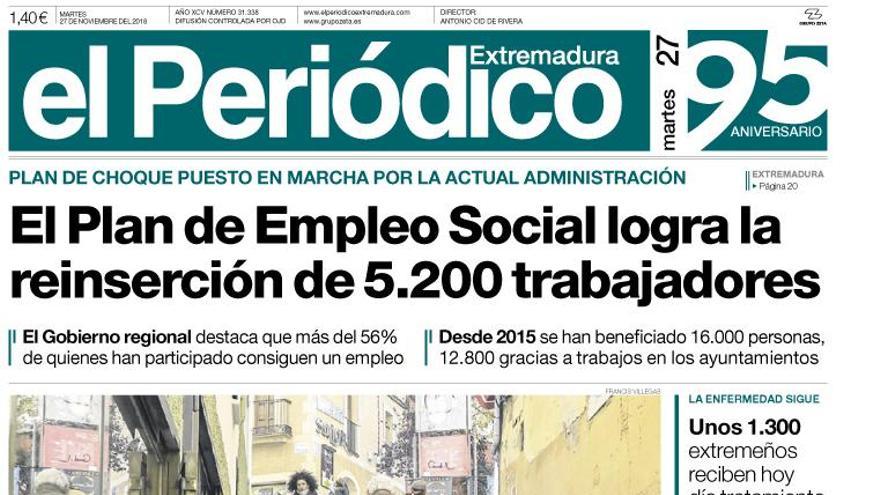 Esta es la portada de EL PERIÓDICO EXTREMADURA correspondiente al día 27 de noviembre del 2018