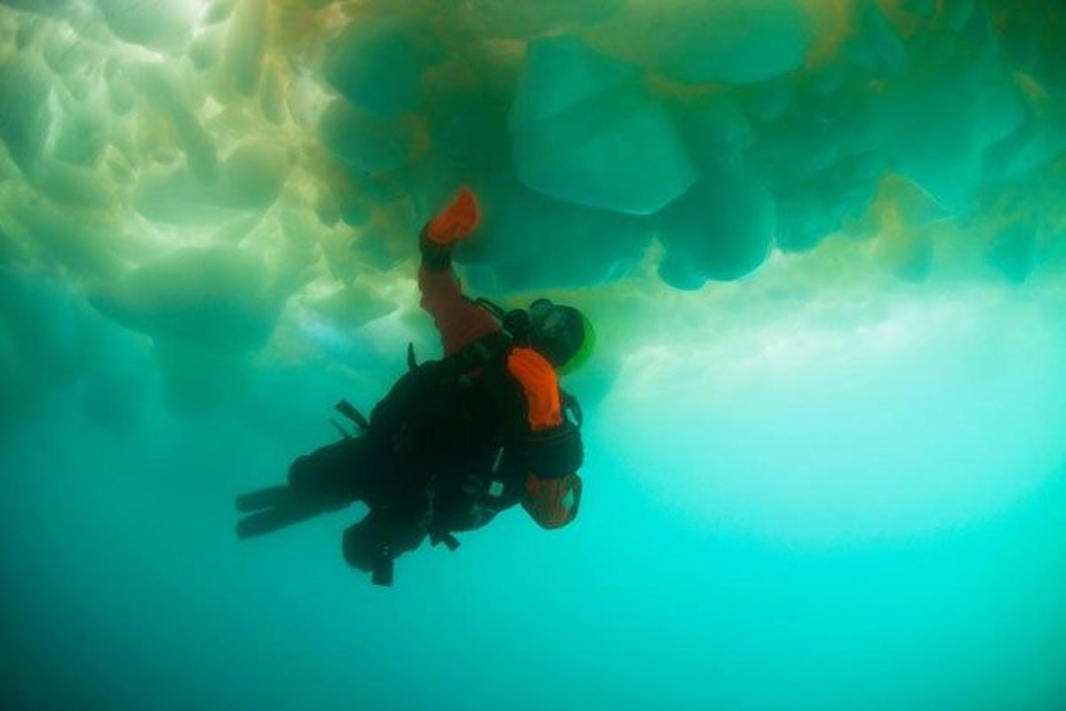 Buceador bajo un glaciar  en Groenlandia.