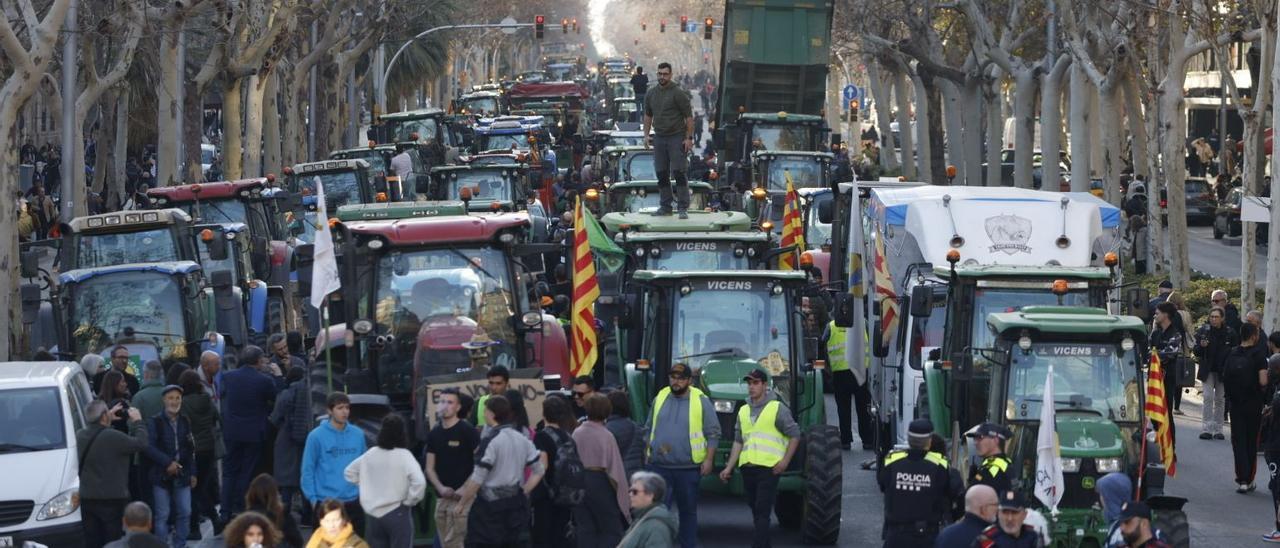 La protesta de agricultores en la Gran Via de Barcelona
