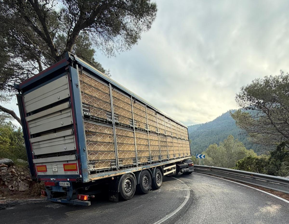 El camión invadió prácticamente toda la carretera tras reventar las ruedas.