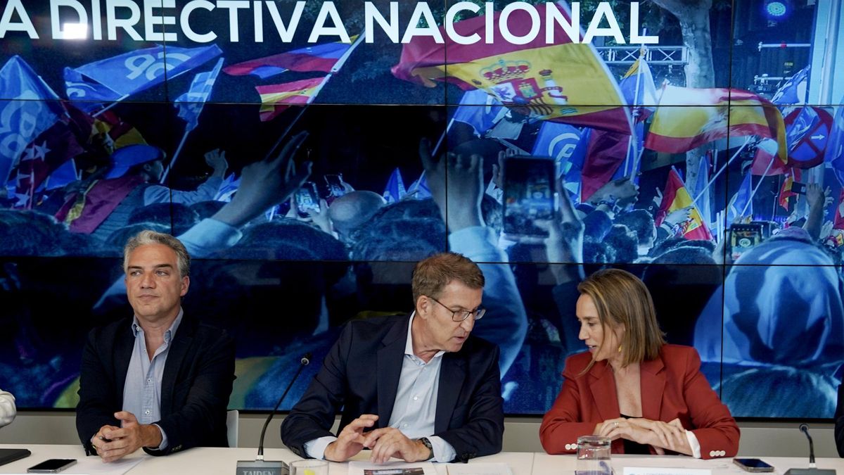 Feijóo con Cuca Gamarra y Elías Bendodo en la junta directiva nacional tras el 23J.