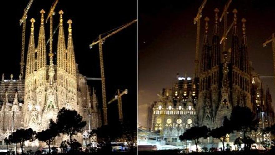 La Sagrada Familia de Barcelona, antes y durante la Hora del Planeta.