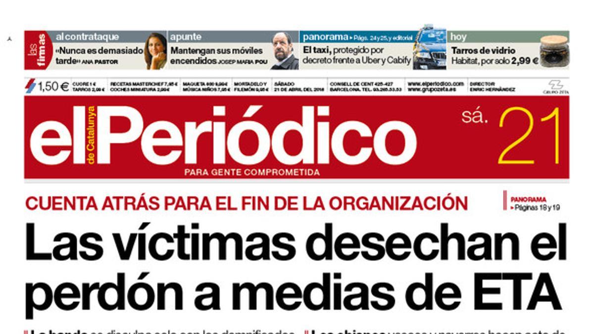 La portada de EL PERIÓDICO de este sábado