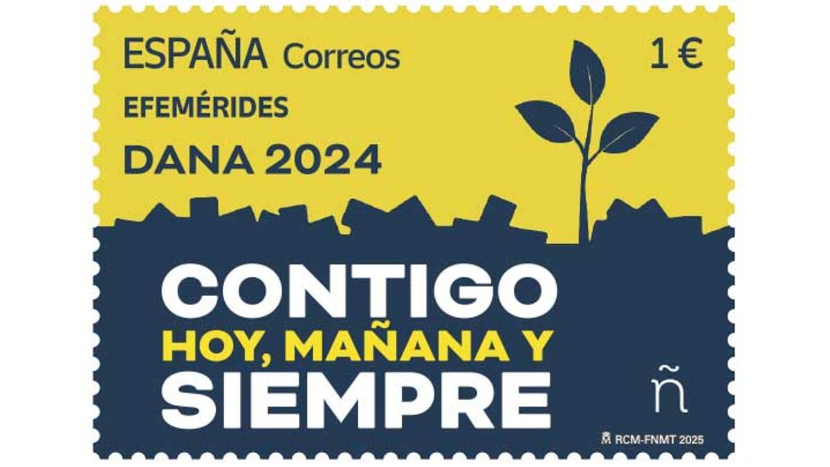 Sello que Correos dedica a la dana, en el primer aniversario de la catástrofe.