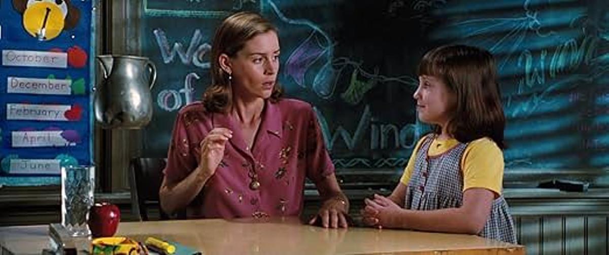 Embeth Davidtz como la Señorita Honey, junto a Mara Wilson como Matilda y la jarra flotante.