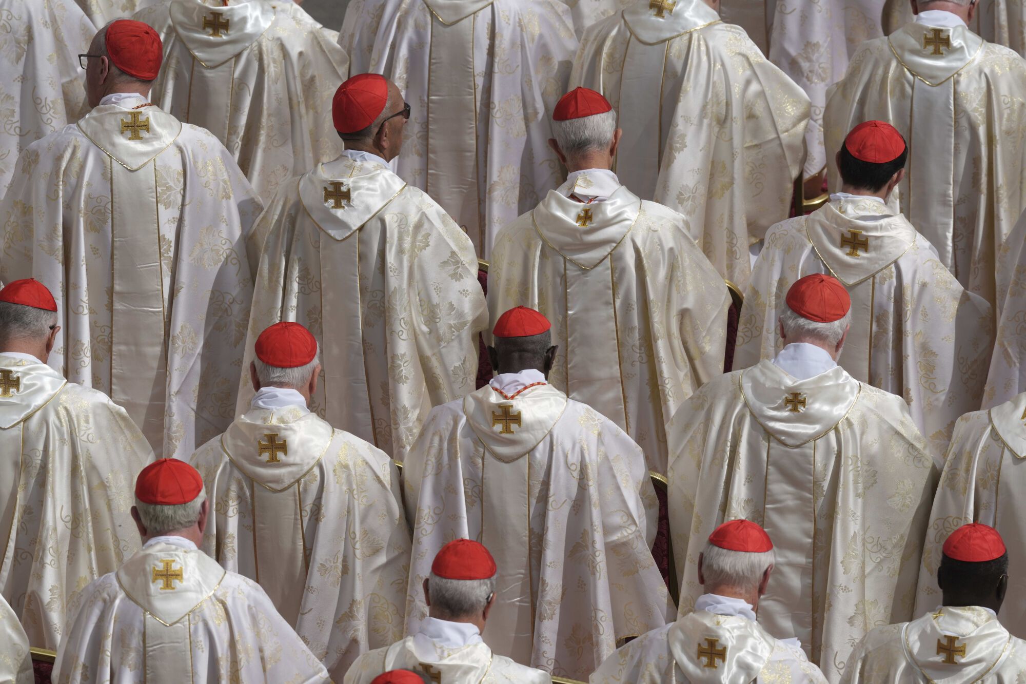 Cardinals attend a Mass for the formal inauguration of Pope Leo XIV's pontificate, in St. Peter's Square, attended by heads of state, royalty and ordinary faithful, Sunday, May 18, 2025.(AP Photo/Stefano Costantino) Associated Press/LaPresse. EDITORIAL USE ONLY/ONLY ITALY AND SPAIN