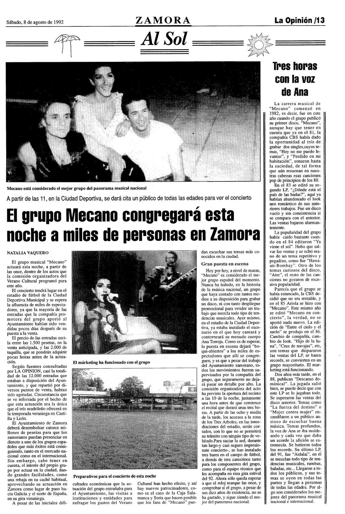 Previa del concierto de Mecano el 8 de agosto de 1992.
