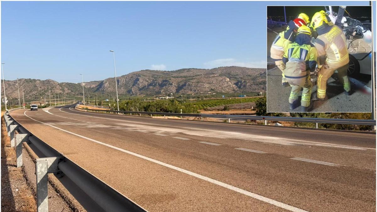 Imagen del tramo del accidente en el que se produjo el siniestro, así como de los bomberos municipales actuando en el mismo.