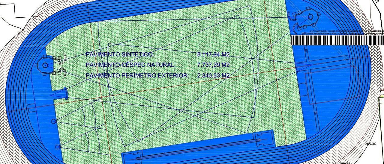 Imagen de las pistas de atletismo que se ubicarán junto a la piscina climatizada de la Agasp. El centro cuenta con ocho calles, cuatro fosos de salto de longitud, una zona de salto de altura y otra con pértiga, dos jaulas para lanzamiento de peso y zona de lanzamiento de jabalina. En su vértice izquierdo superior se creará el módulo cubierto, quedando a su derecha la piscina y el estadio municipal.