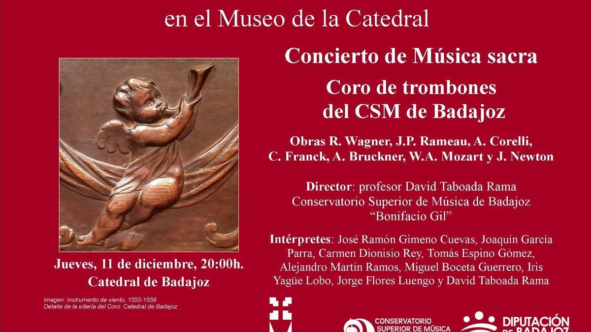 Cartel promocional del concierto música sacra del coro de trombones del conservatorio Bonifacio Gil en la catedral.