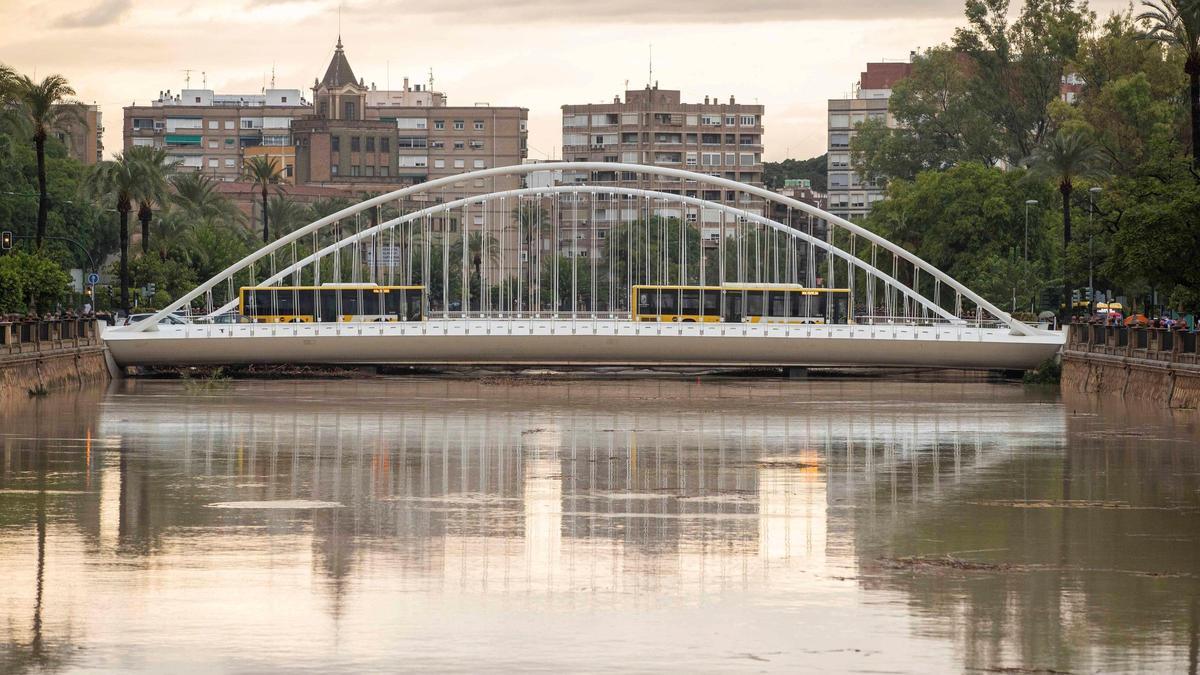 El Segura a su paso por Murcia, crecido por las fuertes lluvias