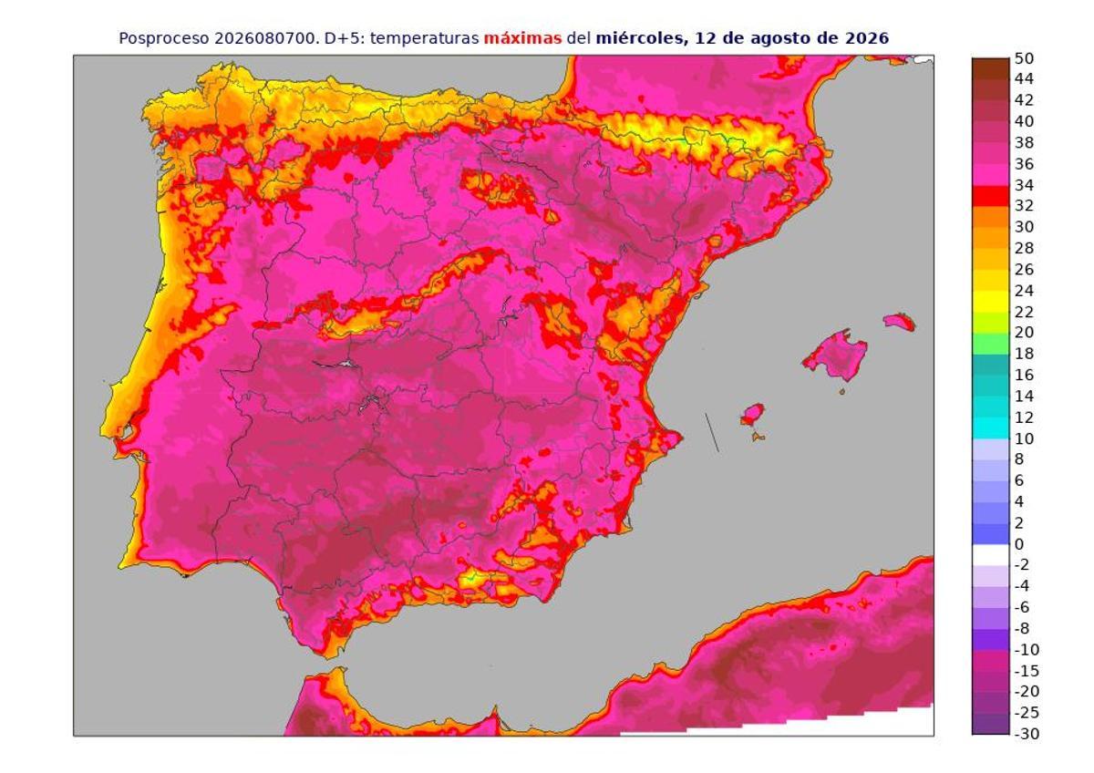 Mapa de previsión de temperaturas para el 12 de agosto, día del eclipse solar.