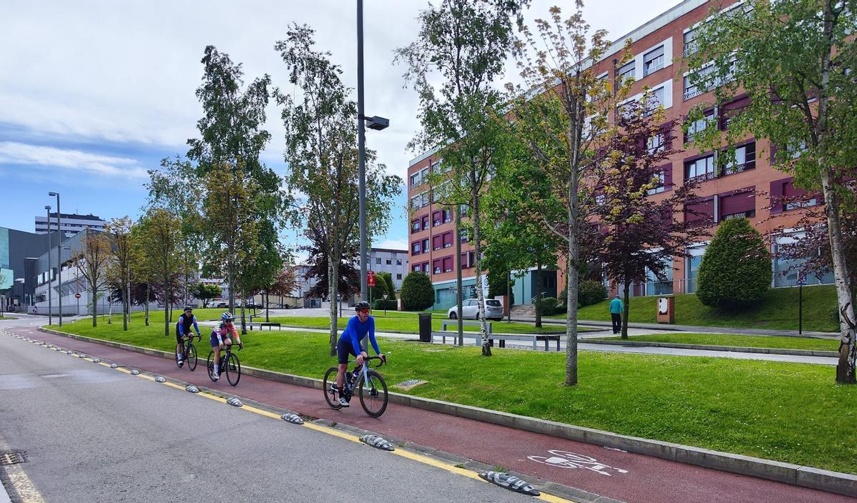 Un grupo de tres ciclistas, pasando por el carril bici de la calle Alcalde Parrondo.