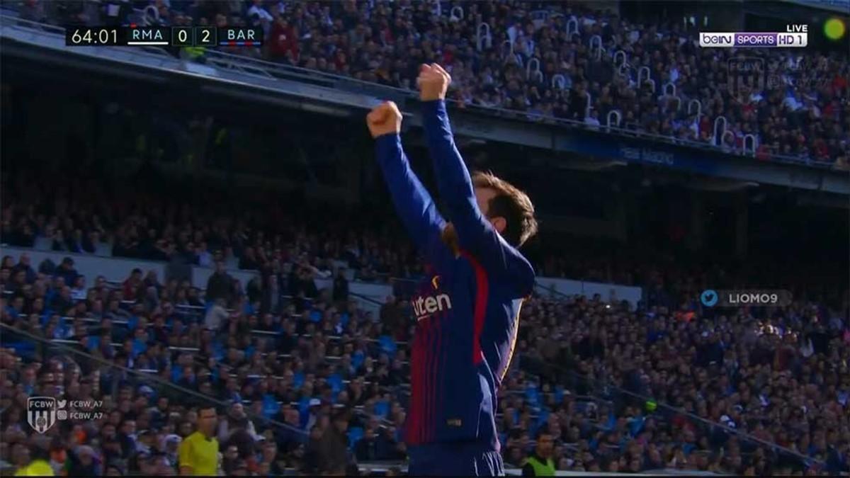 Messi celebra el 0-2 en el Santiago Bernabéu