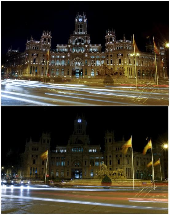 A combination photograph shows the lights of the ...