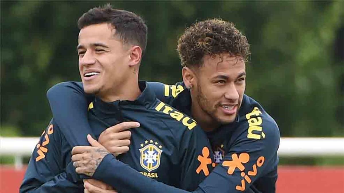 Neymar y Coutinho, en un entrenamiento de la selección de Brasil