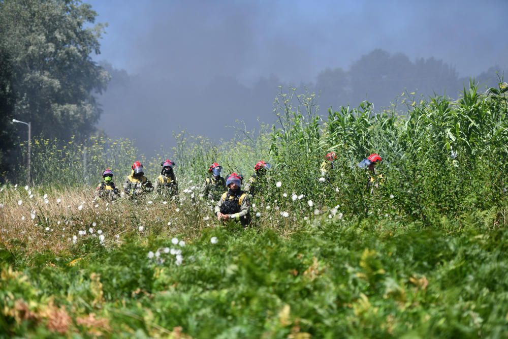 Despliegue contra un incendio cerca de casas en Lérez, Pontevedra