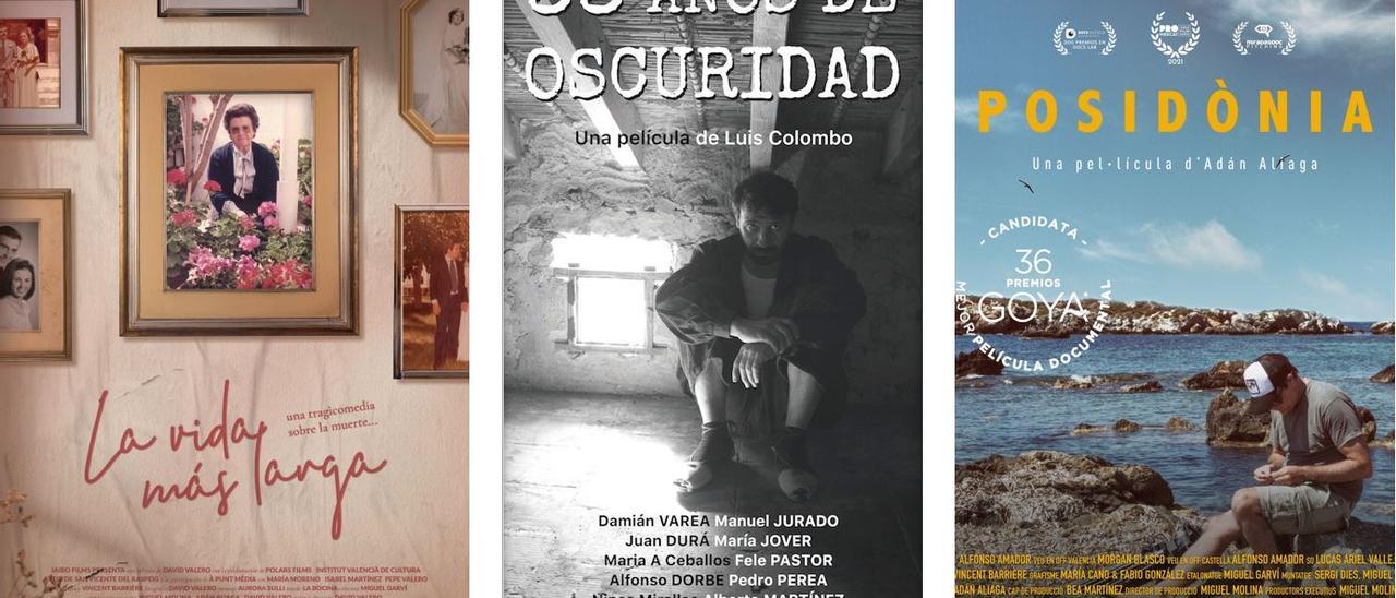 Carteles de &quot;La vida más larga&quot;, de David Valero; &quot;33 años de oscuridad&quot;, de Luis Colombo; y &quot;Posidonia&quot;, de Adán Aliaga