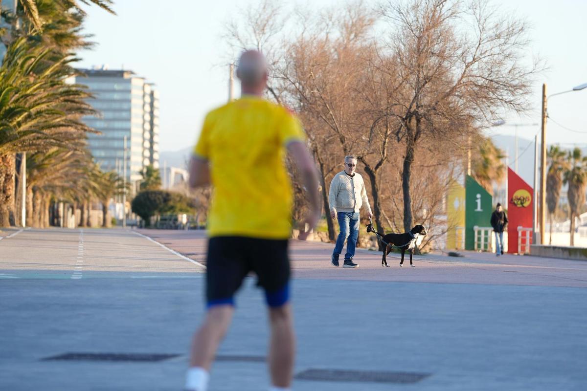 Un hombre pasea a su perro mientas otro corre entre las playas de la Mar Bella y el Bogatell, en Barcelona.