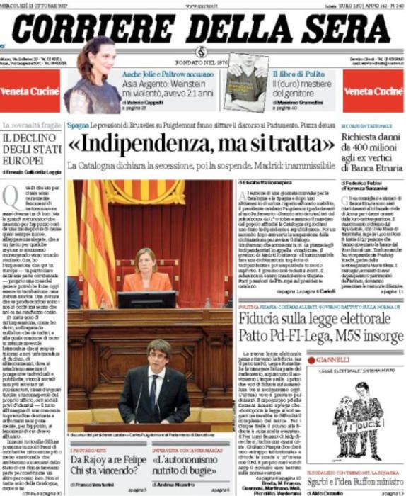 'Corriere della Sera' menciona la declaración de independencia y su consiguiente puesta en suspensión.