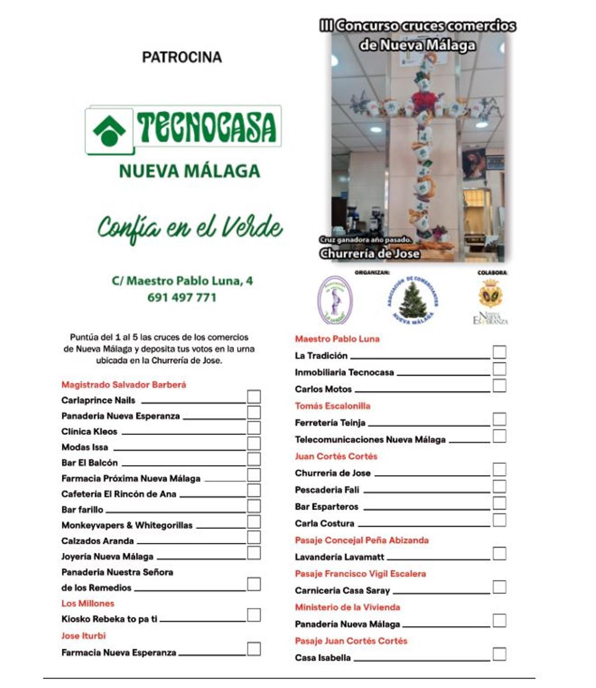 Papeleta para votar las cruces de mayo de los comercios de Nueva Málaga.