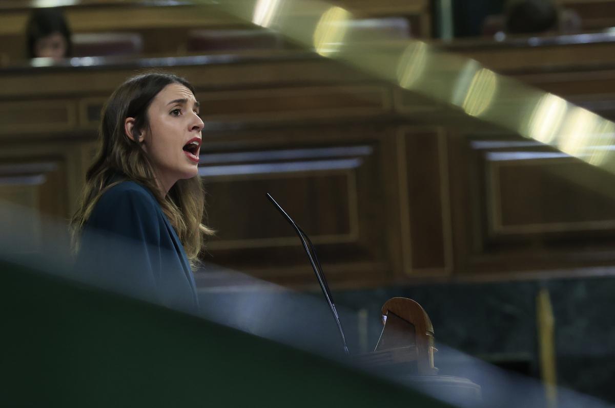 La ministra de Igualdad, Irene Montero, interviene durante el pleno del Congreso este miércoles. EFE/ Zipi