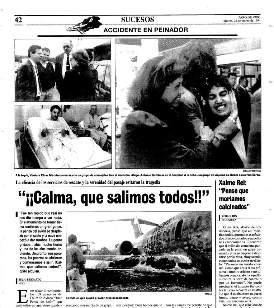 Página de FARO DE VIGO del 22 de marzo de 1994 sobre el accidente de Aviaco en Peinador