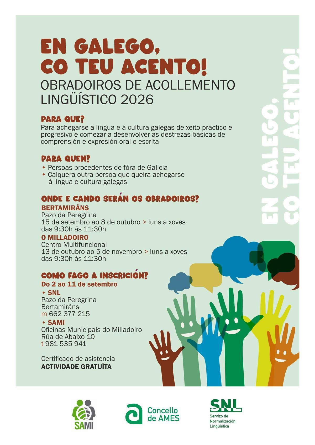 Cartel dos obradoiros de acollemento lingüístico.