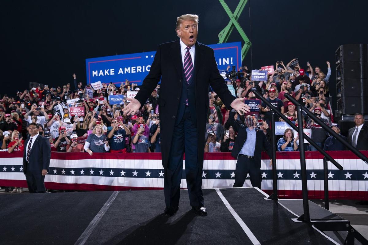 President Donald Trump arrives to speak to a campaign rally at Pittsburgh International Airport, Tuesday, Sept. 22, 2020, in Pittsburgh. (AP Photo/Evan Vucci)