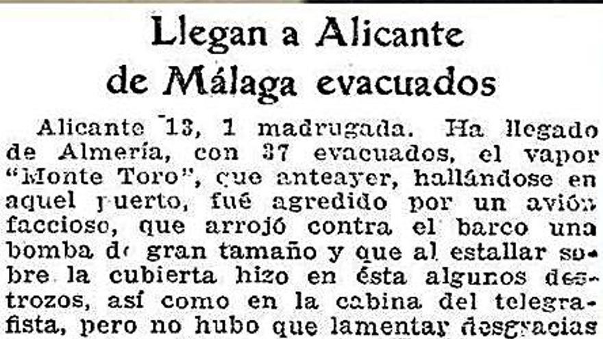 Noticia de la llegada de los refugiados malagueños a Alicante.