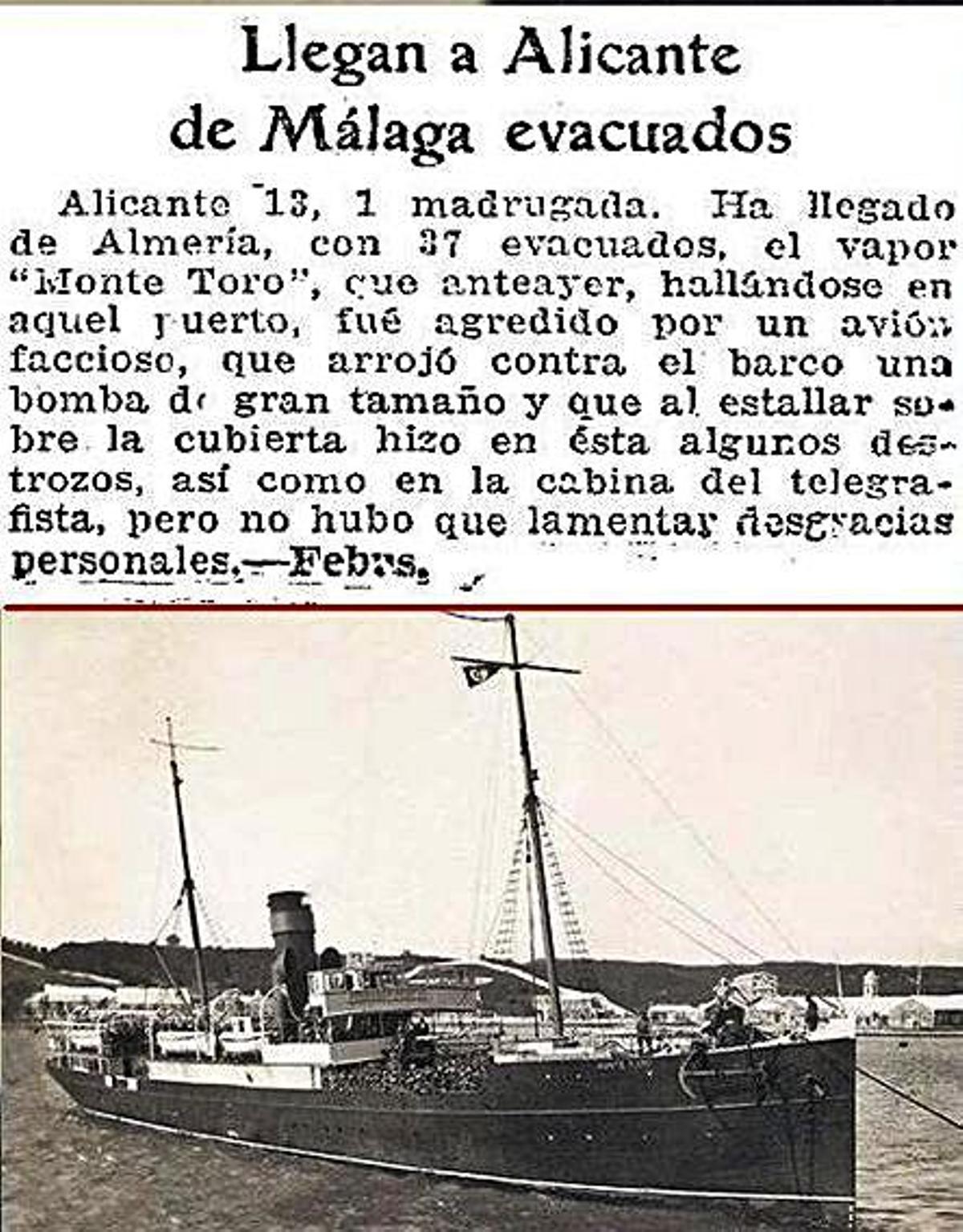 Noticia de la llegada de los refugiados malagueños a Alicante.